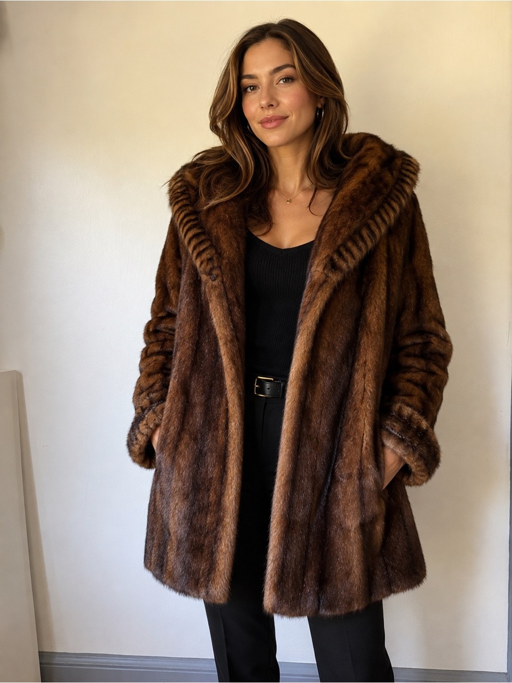 dennis basso Brown Faux Fur Pea Coat